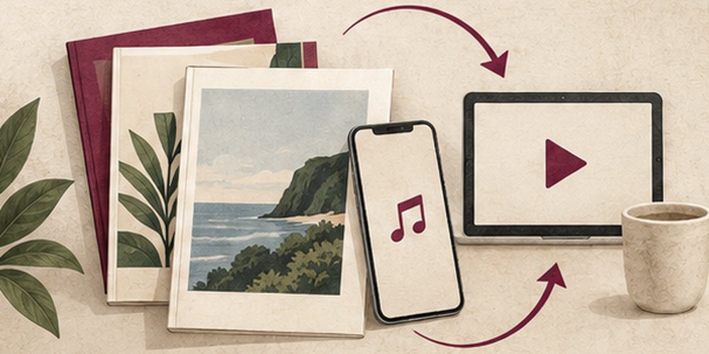 Magazine, Telefon mit Musik, Laptop mit Video und eine Tasse