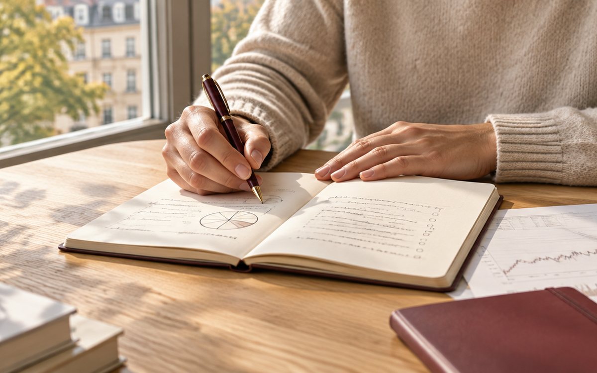 Notizbuch mit Depotplan, Taschenrechner und Kursverlauf am Fenster