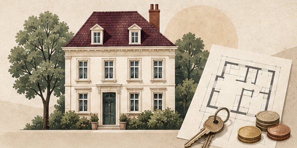 Stadthaus mit Grundriss, Schlüssel und Münzen