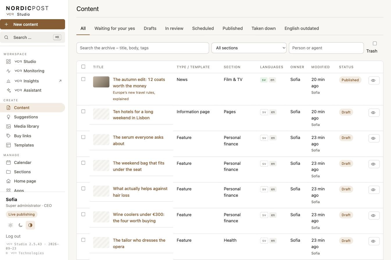 VOR Studio: the content list with status, languages, owner and preview